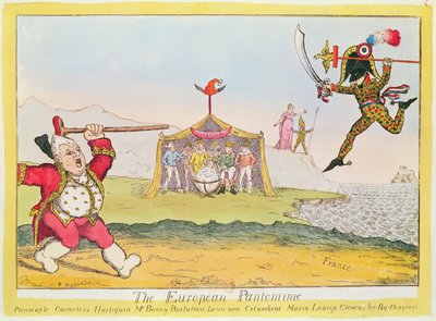 The European Pantomime, Cartoon of Napoleon as Harlequin, King Louis XVIII as Pantaloon, Queen Marie-Louise as Columbine and the Congress of Vienna by English School